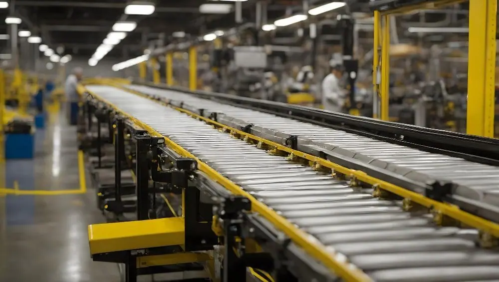 Long powered roller conveyor lines in a brightly lit factory