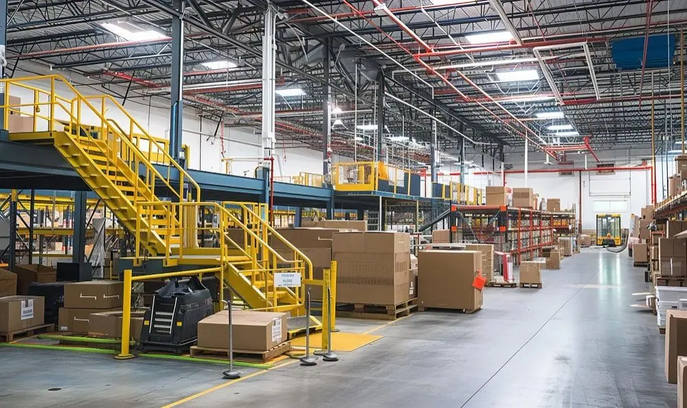 Yellow steel staircase leading up to a warehouse mezzanine platform